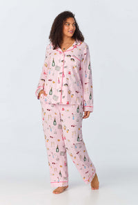 A lady wearing Long Sleeve Plus Classic Stretch Jersey PJ Set with Let's Do Brunch print