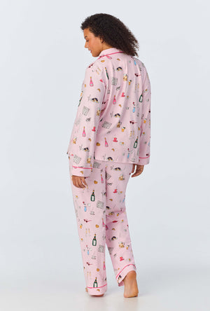 A lady wearing Long Sleeve Plus Classic Stretch Jersey PJ Set with Let's Do Brunch print