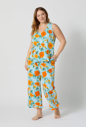 A lady wearing plus size Golden Breeze Ruffle Tank Stretch Jersey Cropped Pj Set