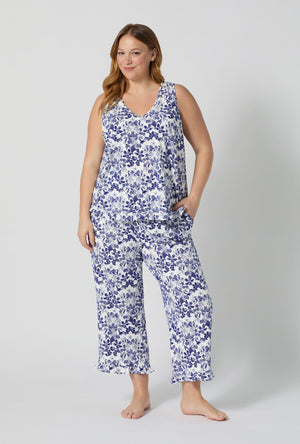 A lady wearing plus size Under The Sea Ruffle Tank Stretch Jersey Cropped Pj Set