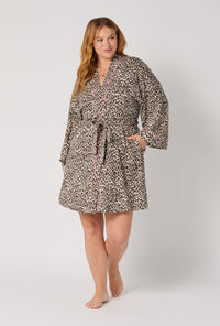A lady wearing Wild Thing Banded Collar plus Stretch Jersey Robe