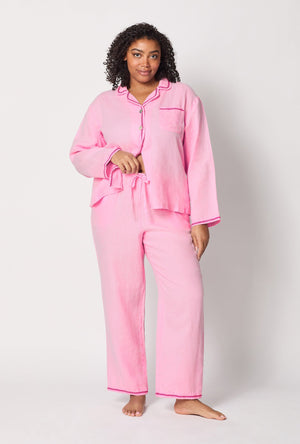 A lady wearing plus size Pink Long Sleeve Classic Woven Linen Pj Set front view