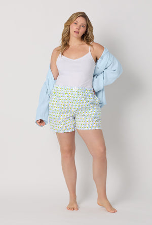 A lady wearing plus size White Woven Cotton Poplin Boxer Short front view
