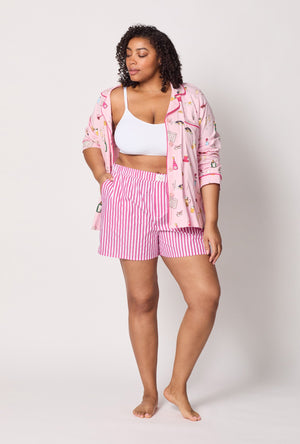 A lady wearing plus size Pink Cotton Sateen Boxer Short front view