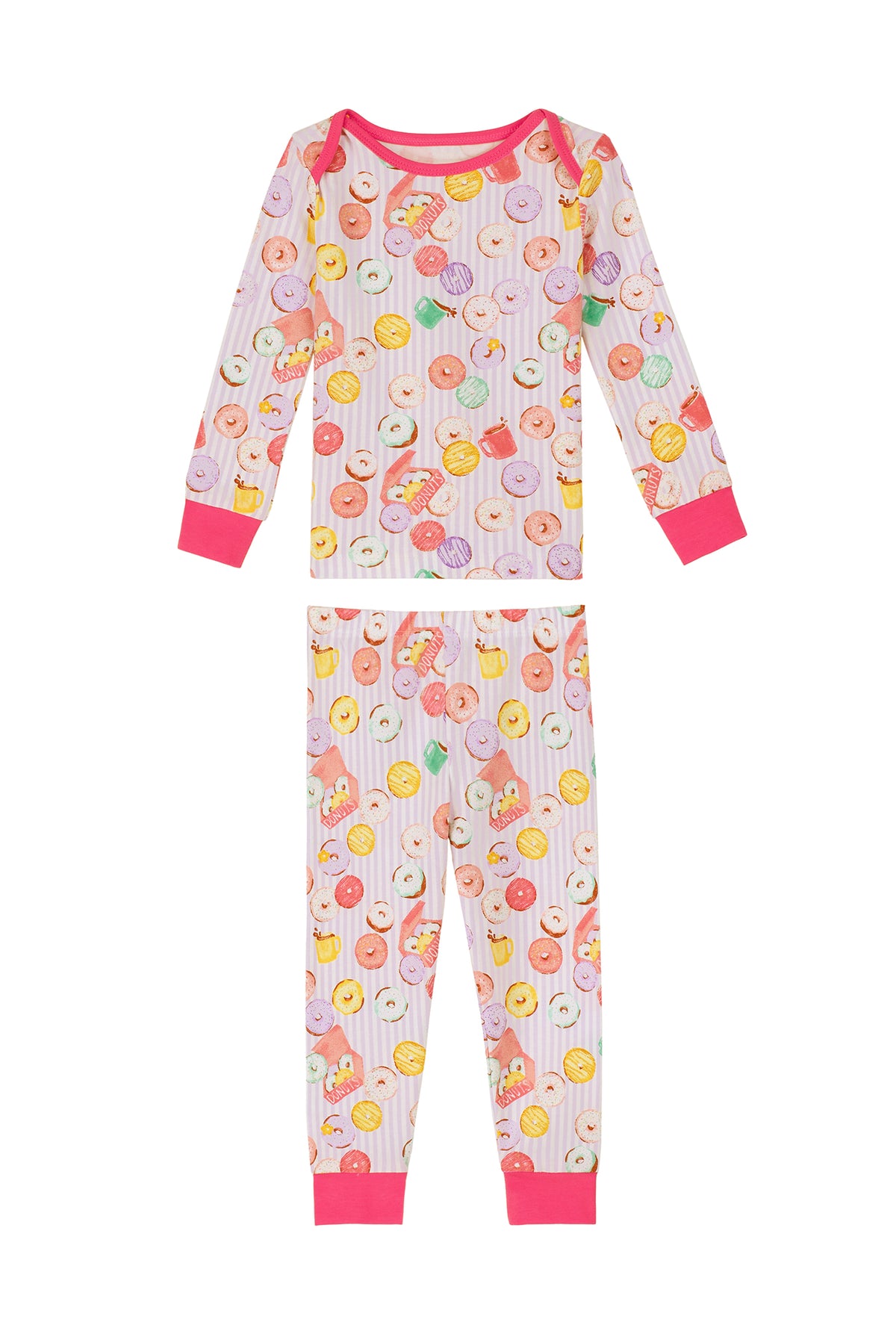 A baby wearing a purple long sleeve pajama set with donuts pattern.