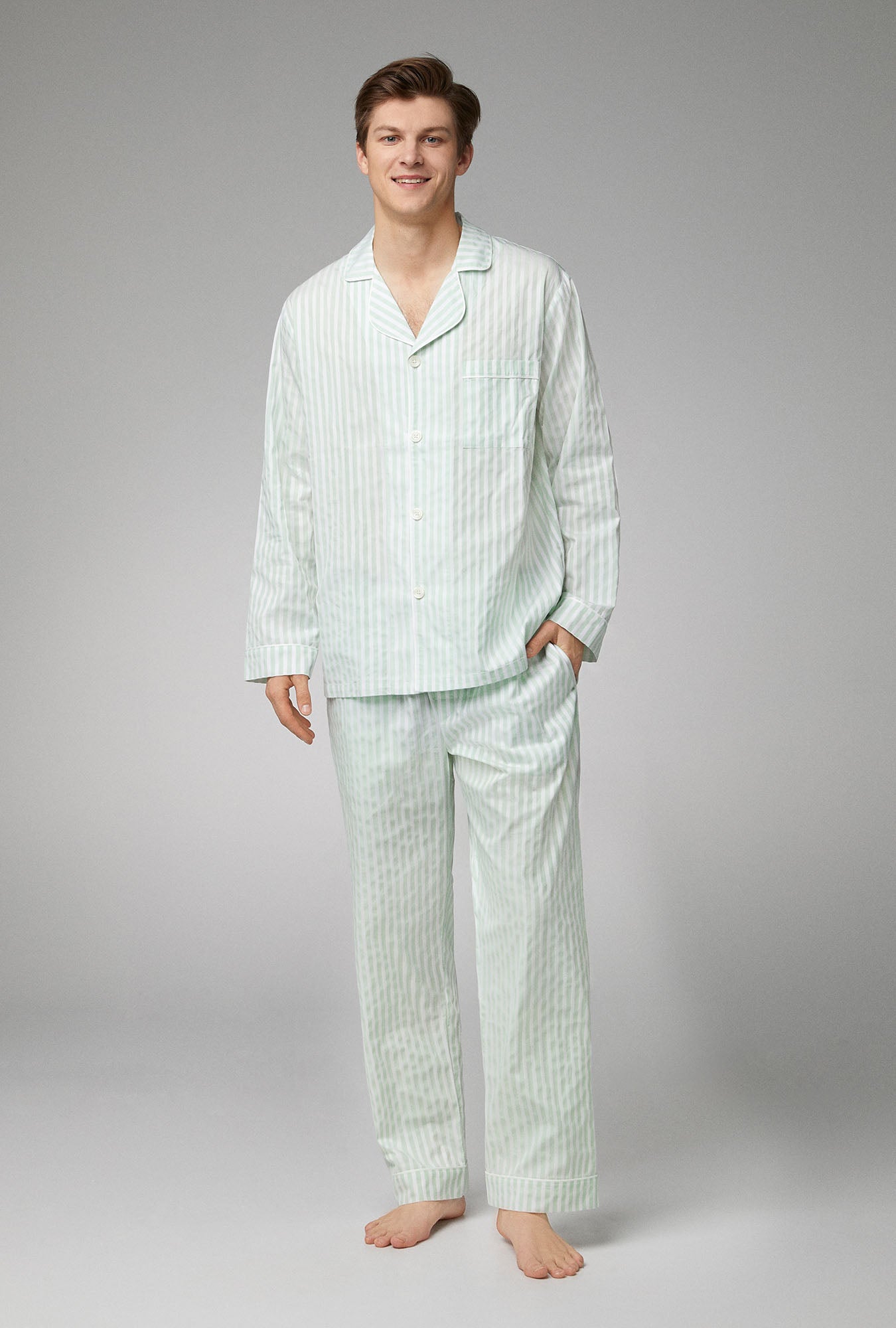 A men wearing Long Sleeve Classic Woven Cotton Poplin PJ Set with  Mint 3D Stripe  print
