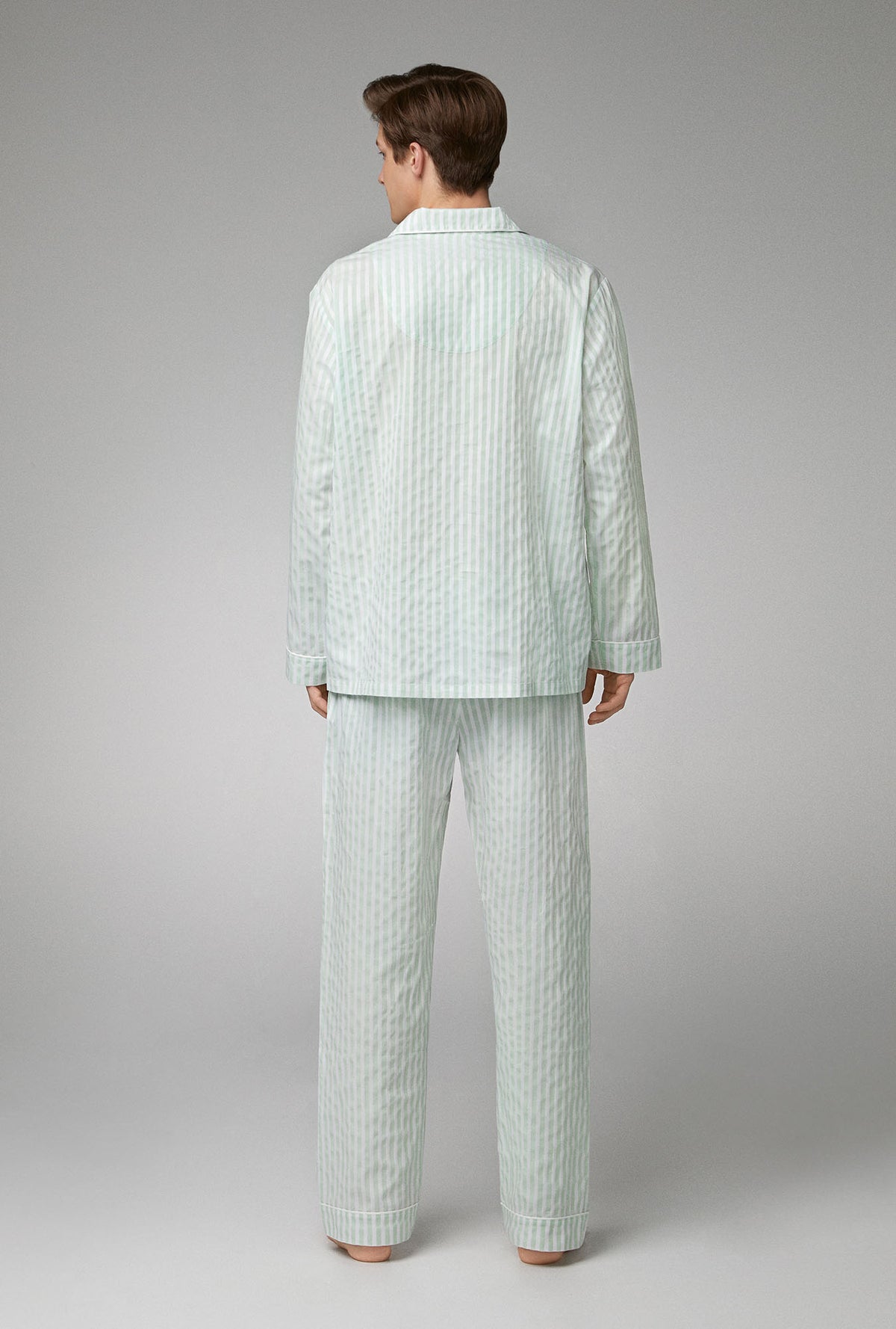 A men wearing Long Sleeve Classic Woven Cotton Poplin PJ Set with  Mint 3D Stripe  print