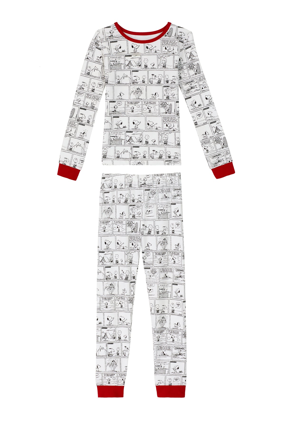  A kid wearing a white long sleeve pajama set with comic strip pattern.