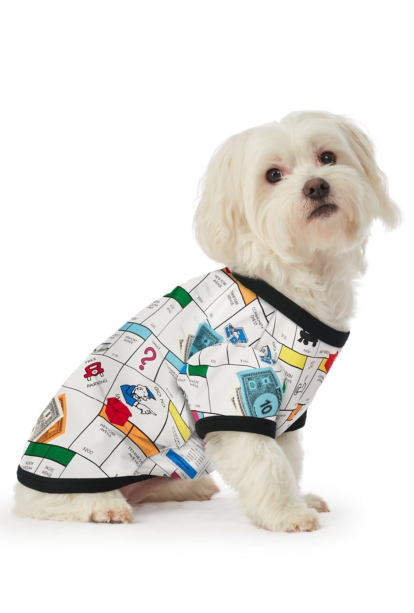 A  dog wearing a white short sleeve pj set with monopoly gameboard pattern.