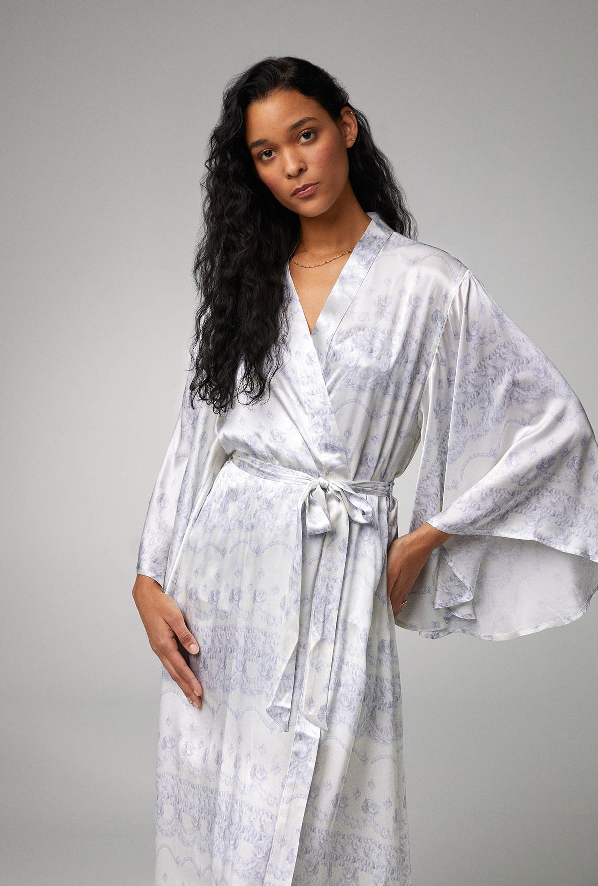 A lady Wearing Banded Collar Woven Silk Satin Maxi Robe with Buttercream print