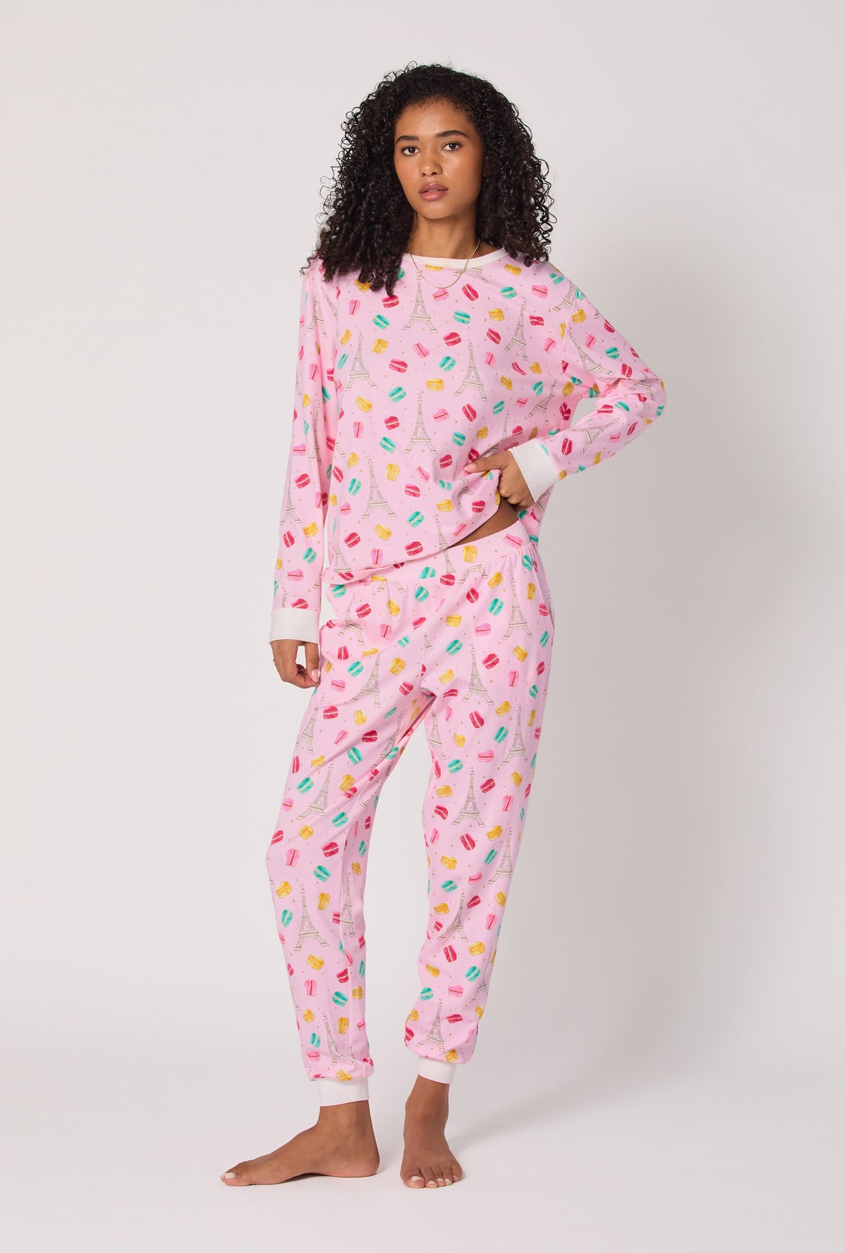 A Lady wearing Eiffel For You Long Sleeve Pullover Crew And Jogger Stretch Jersey Pj Set