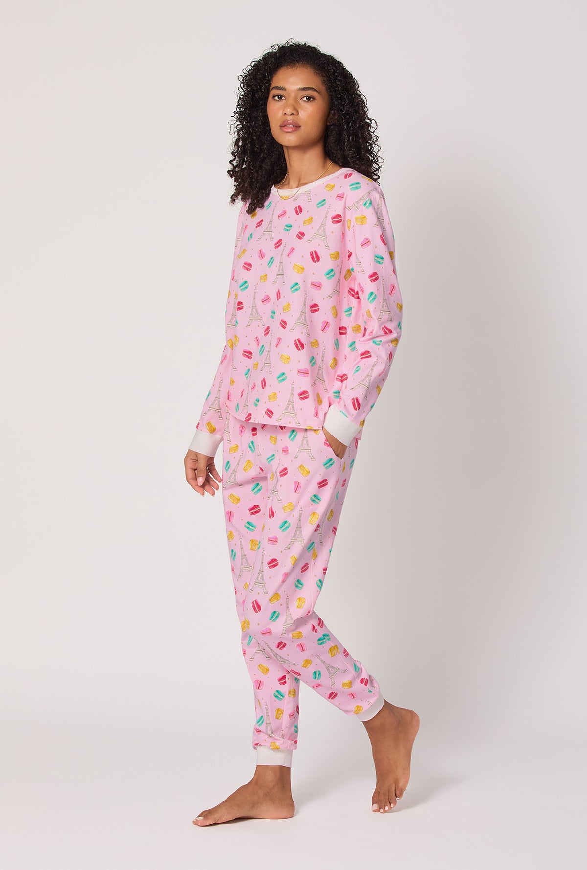 A Lady wearing Eiffel For You Long Sleeve Pullover Crew And Jogger Stretch Jersey Pj Set