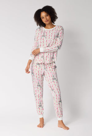 Fleur De La Tour Long Sleeve Pullover Crew And Jogger Stretch Jersey Pj Set