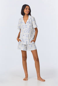 A lady wearing Bedhead On Bleecker Short Sleeve Classic Shorty Stretch Jersey PJ Set