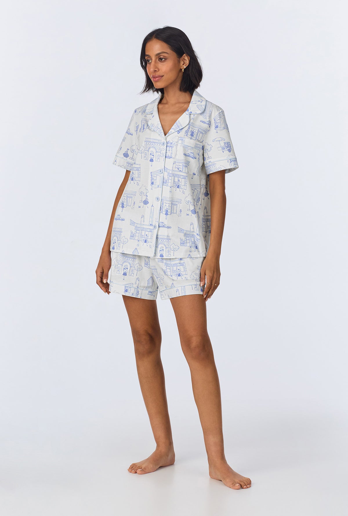 A lady wearing Bedhead On Bleecker Short Sleeve Classic Shorty Stretch Jersey PJ Set