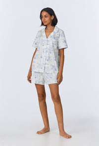 A lady wearing Bedhead On Bleecker Short Sleeve Classic Shorty Stretch Jersey PJ Set