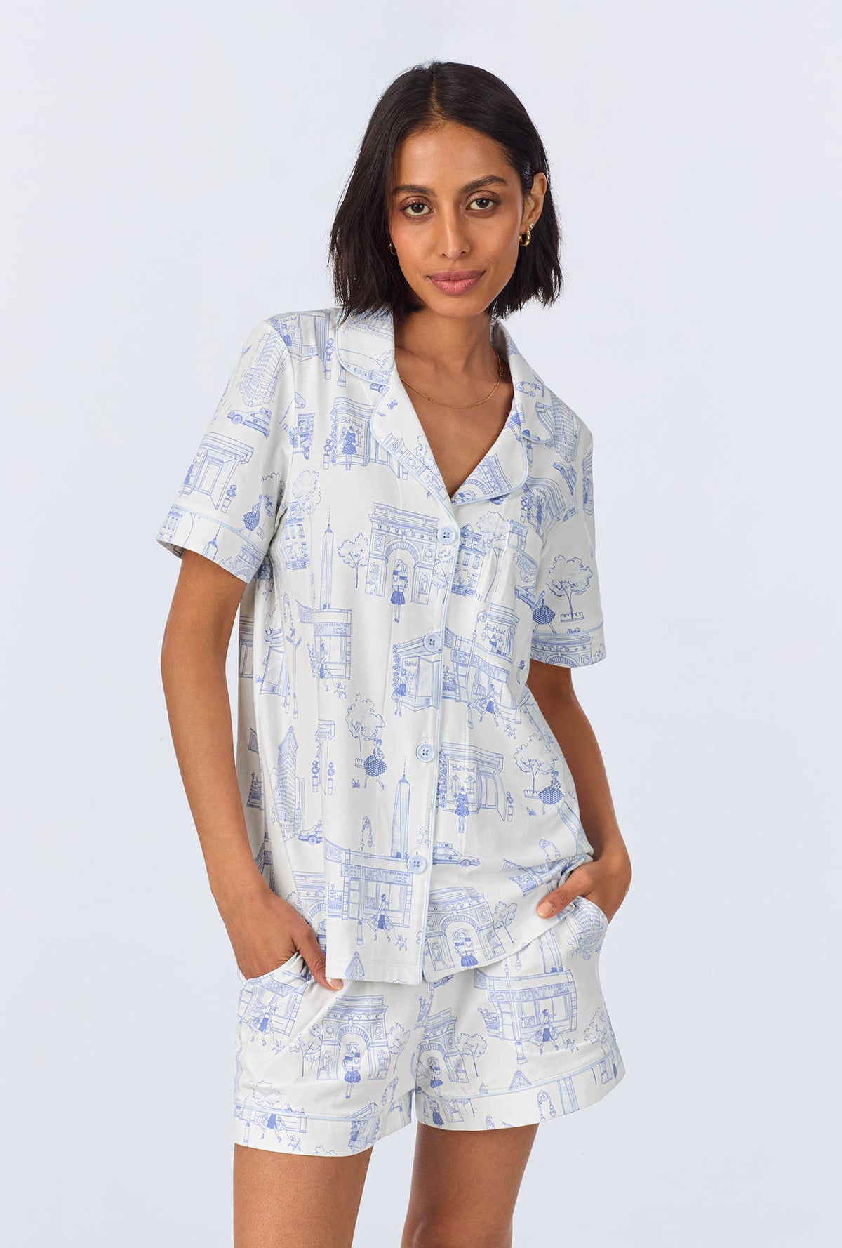 A lady wearing Bedhead On Bleecker Short Sleeve Classic Shorty Stretch Jersey PJ Set