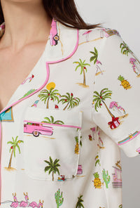 A lady wearing Festive Flamingos Short Sleeve Classic Shorty Stretch Jersey Pj Set closer look