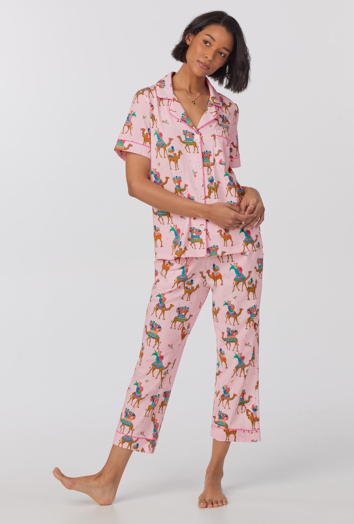 A lady wearing Short Sleeve Classic Stretch Jersey Cropped PJ Set with fancy camels print