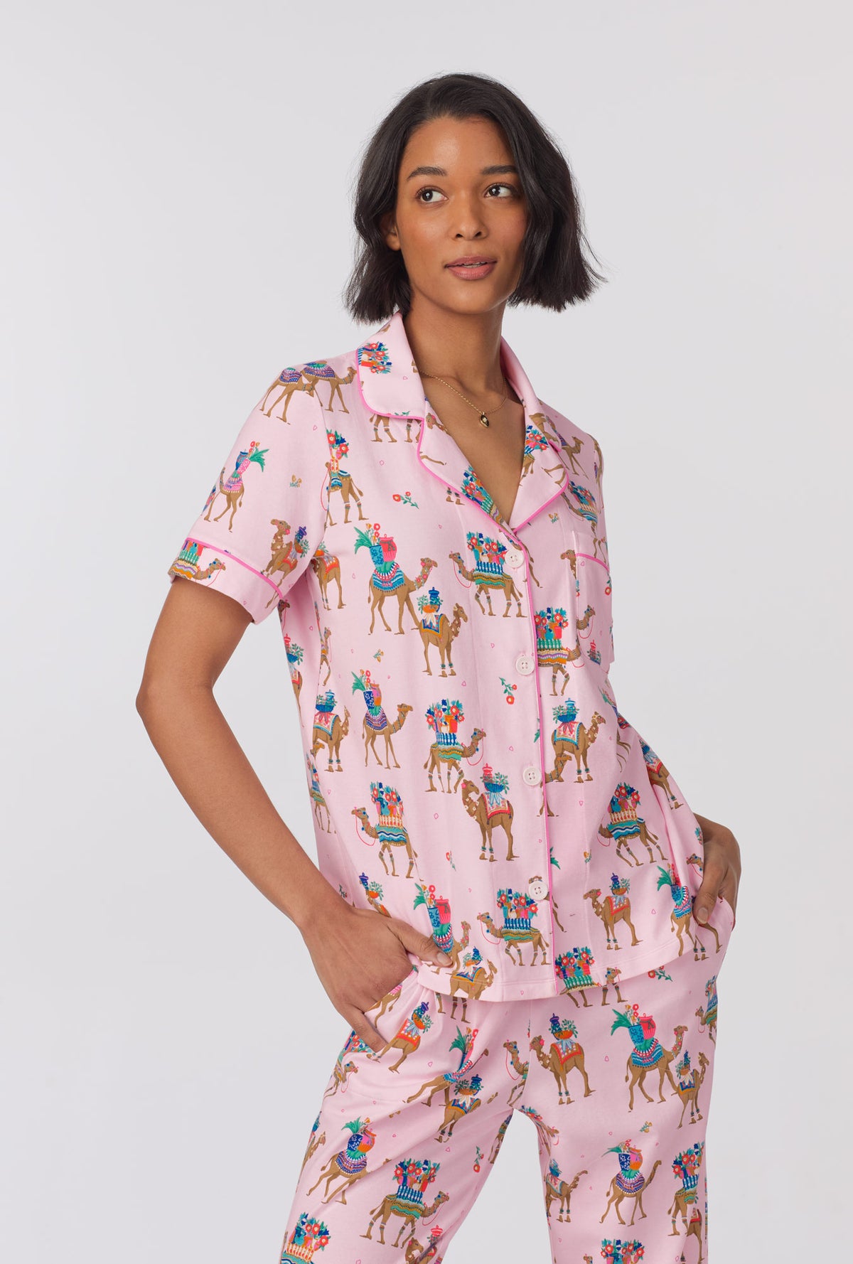 A lady wearing Short Sleeve Classic Stretch Jersey Cropped PJ Set with fancy camels print