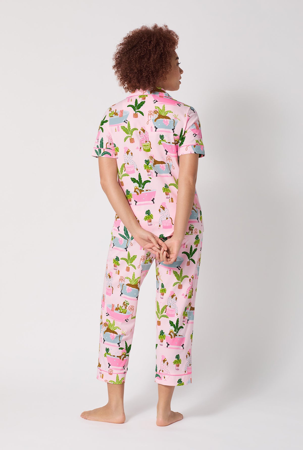 A lady wearing Spa Day Short Sleeve Classic Stretch Jersey Cropped Pj Set