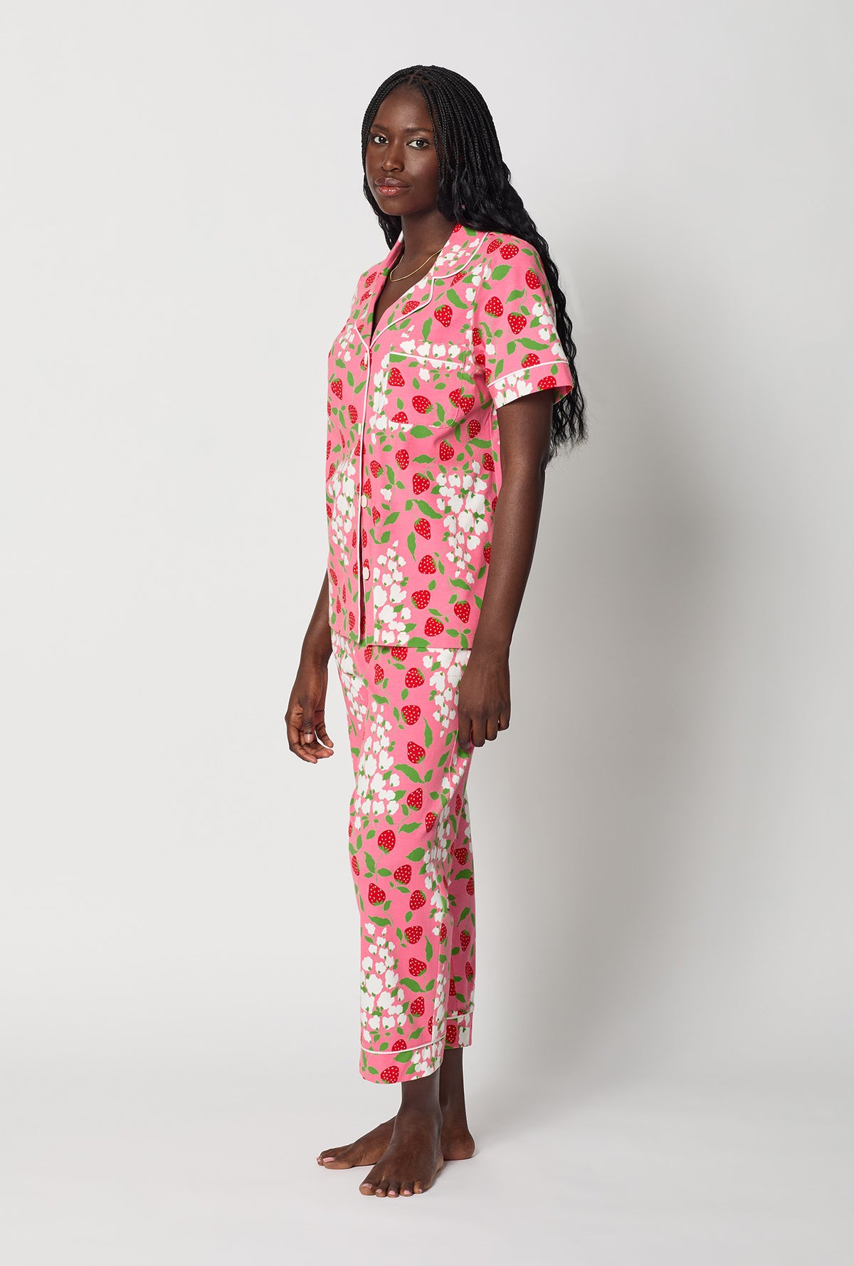 A lady wearing Spring Berry Short Sleeve Classic Stretch Jersey Cropped Pj Set