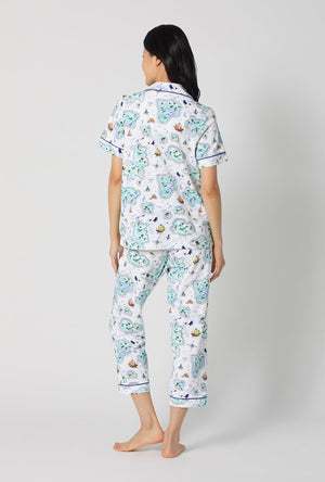 A lady wearing Treasure Hunt Short Sleeve Classic Stretch Jersey Cropped Pj Set back view