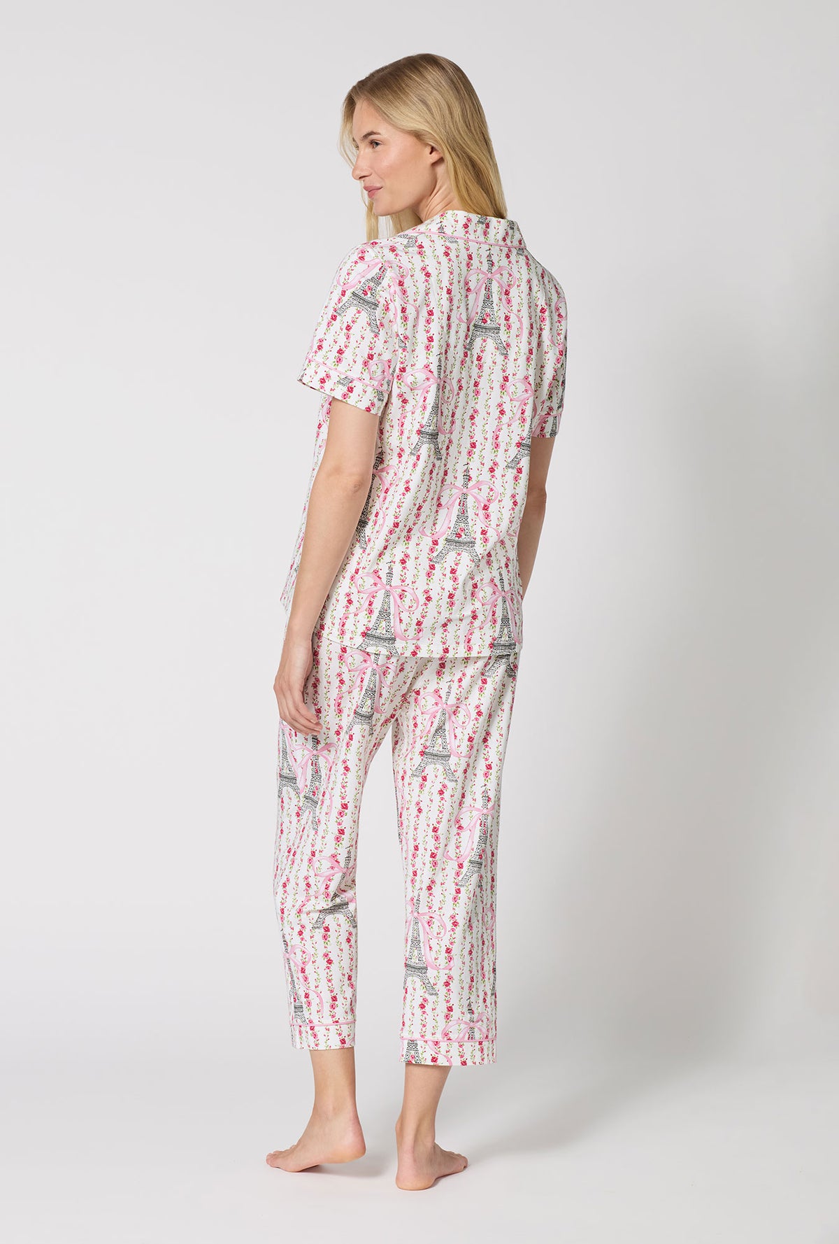 A Lady Wearing Fleur De La Tour Short Sleeve Classic Stretch Jersey Cropped Pj Set in a back view pose