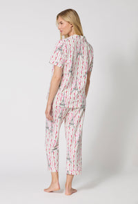 A Lady Wearing Fleur De La Tour Short Sleeve Classic Stretch Jersey Cropped Pj Set in a back view pose