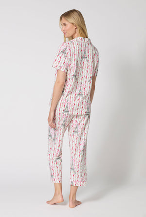 A Lady Wearing Fleur De La Tour Short Sleeve Classic Stretch Jersey Cropped Pj Set in a back view pose