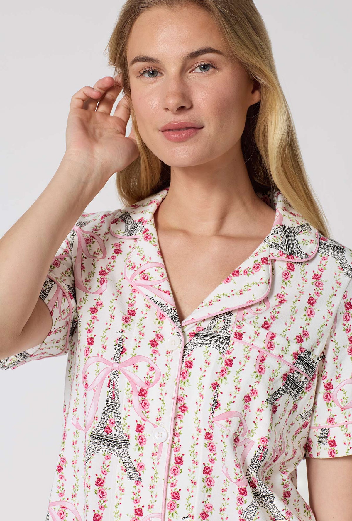 A Lady Wearing Fleur De La Tour Short Sleeve Classic Stretch Jersey Cropped Pj Set in a close up shot