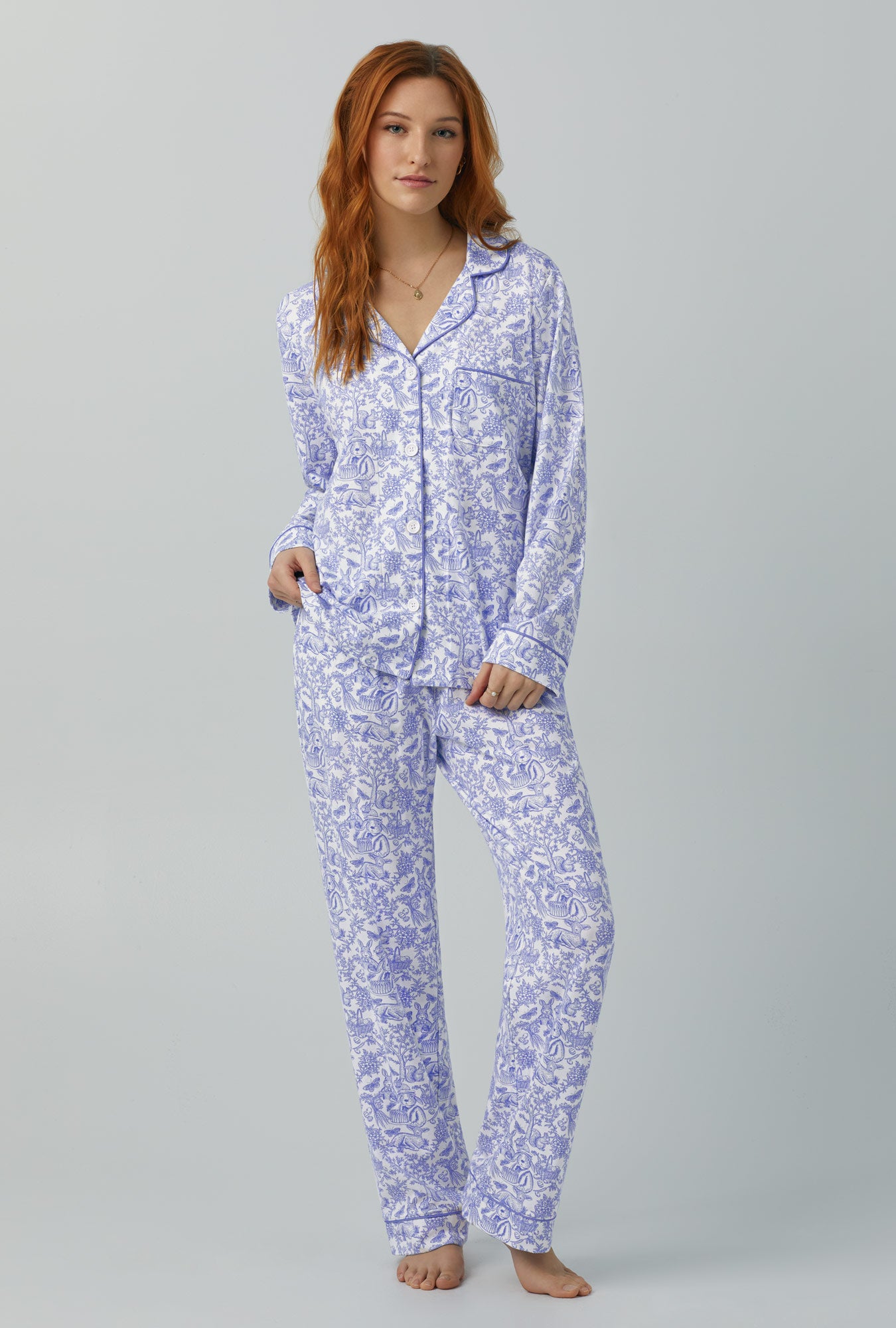 A lady wearing Long Sleeve Classic Stretch Jersey PJ Set with Fairytale Forest print