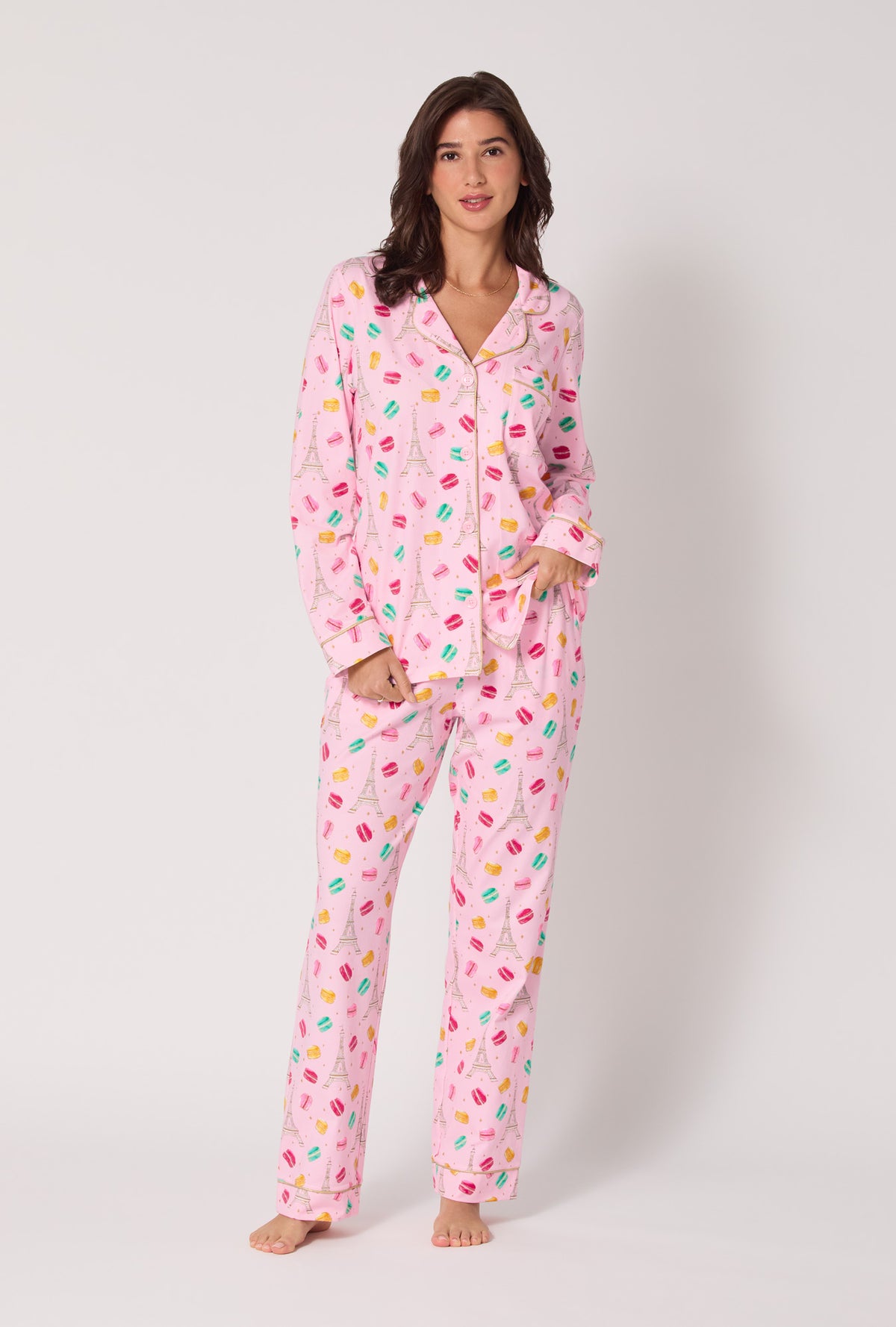 A Lady wearing Eiffel For You Long Sleeve Classic Stretch Jersey Pj Set