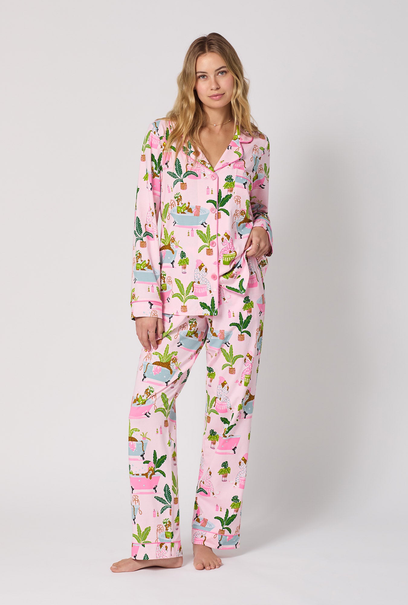 A lady wearing Spa Day Long Sleeve Classic Stretch Jersey Pj Set