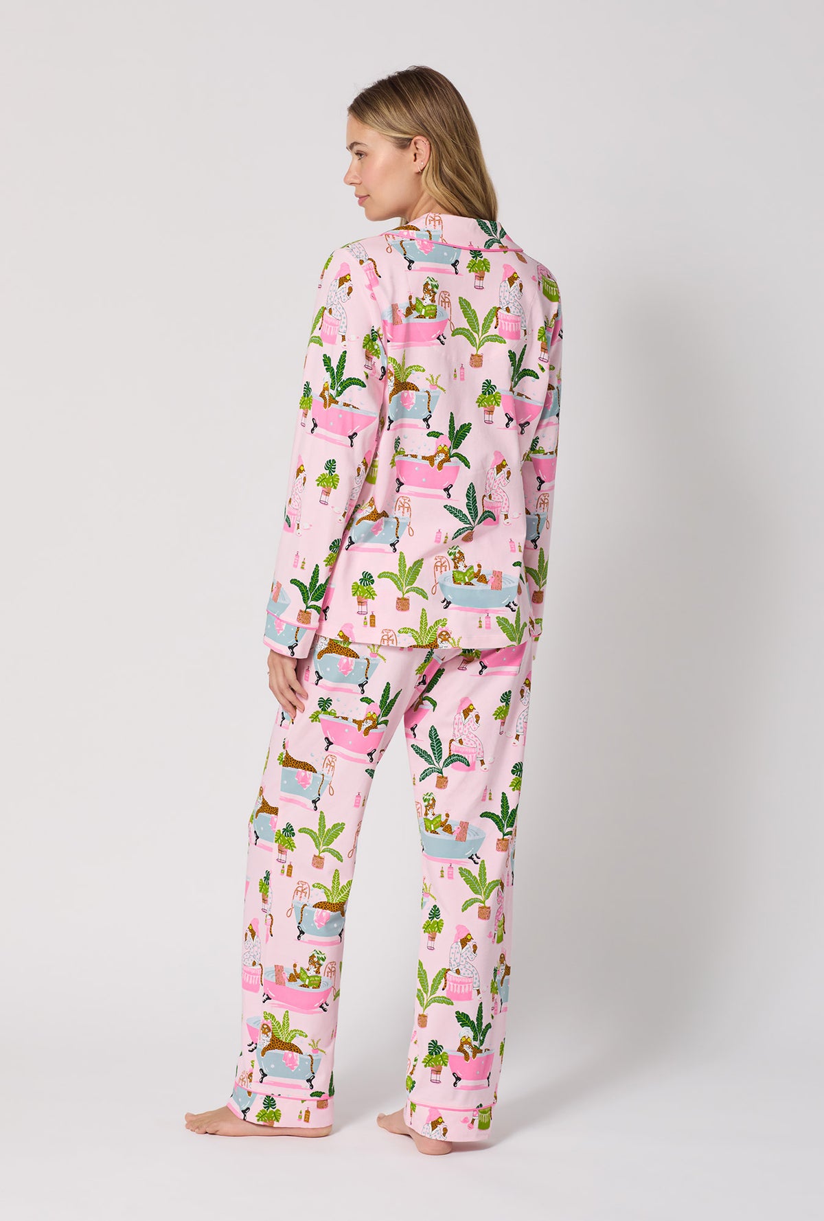 A lady wearing Spa Day Long Sleeve Classic Stretch Jersey Pj Set