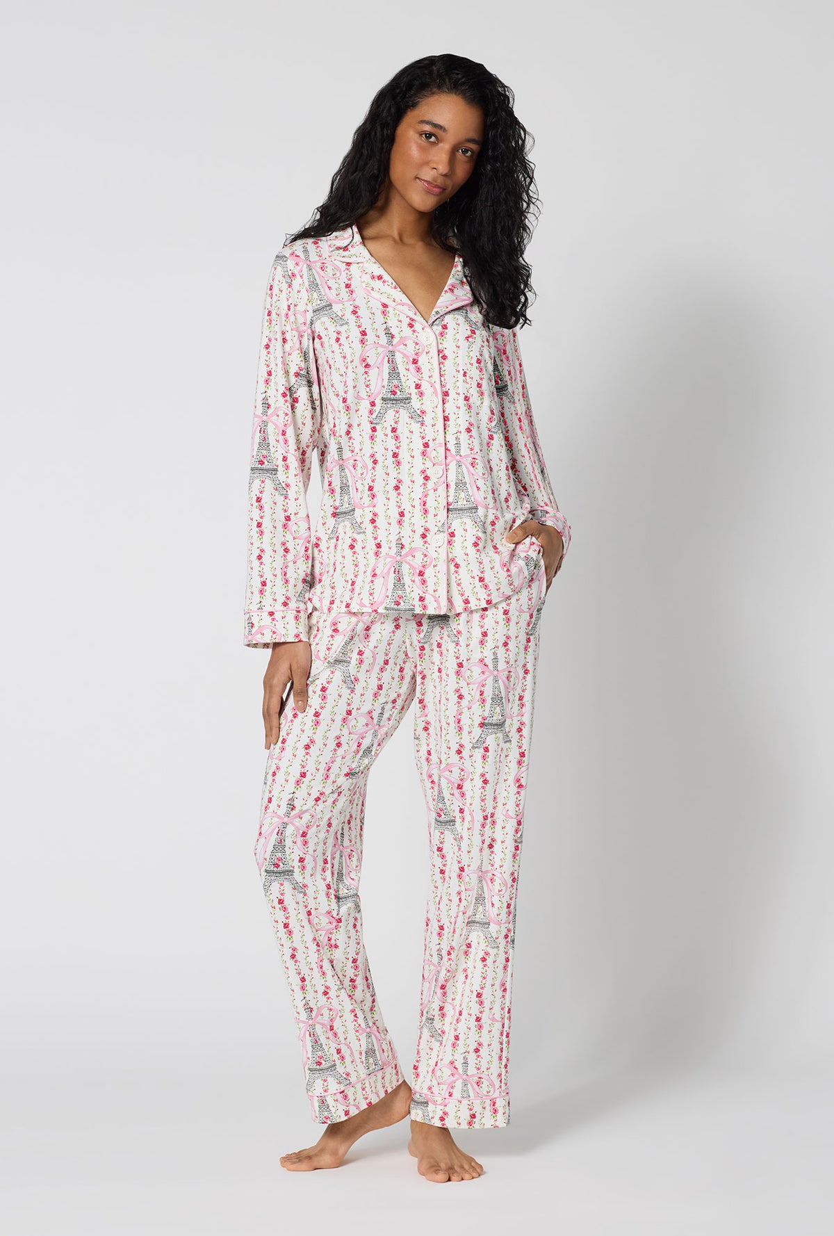 A Lady Wearing Fleur De La Tour Long Sleeve Classic Stretch Jersey Pj Set