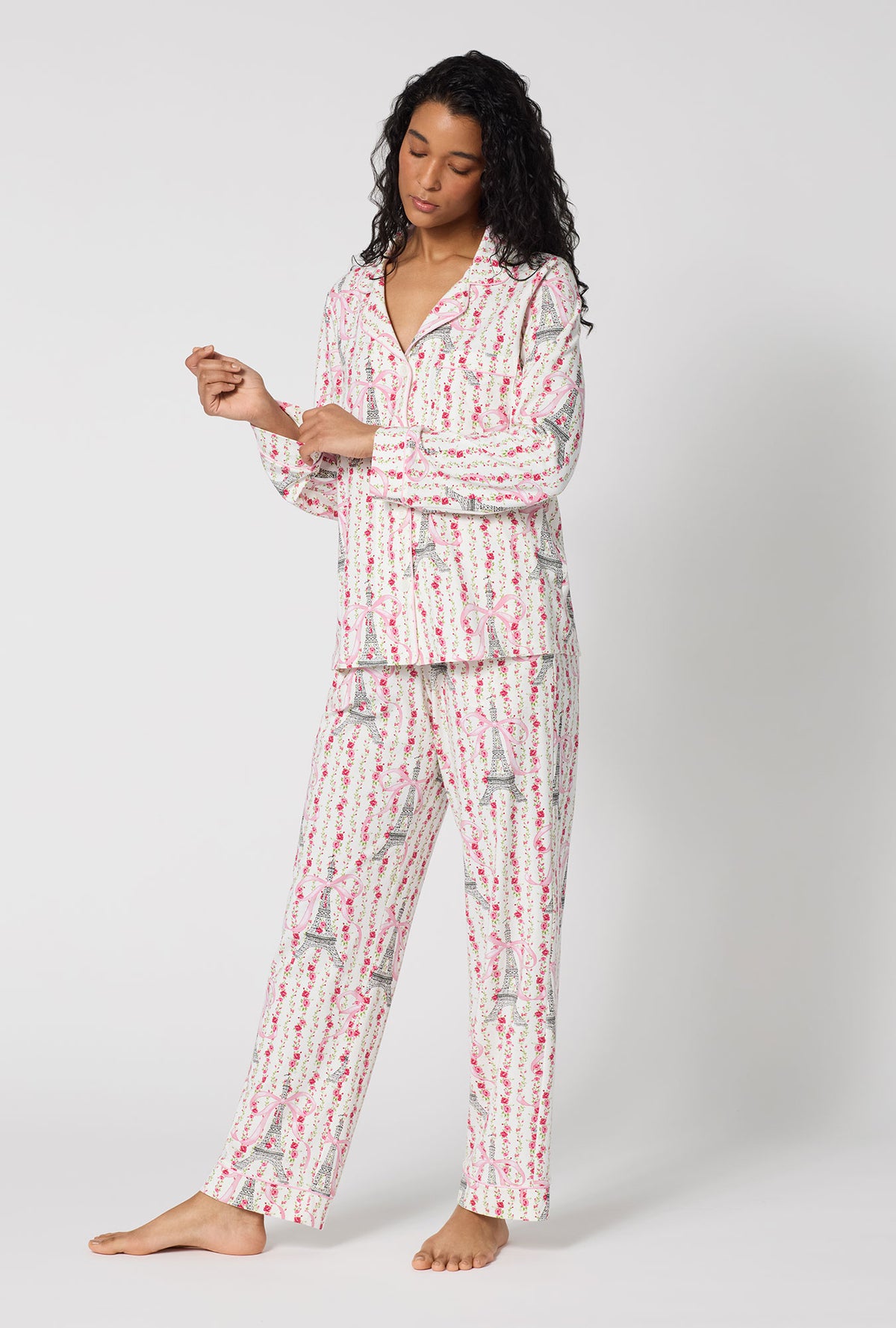 A Lady Wearing Fleur De La Tour Long Sleeve Classic Stretch Jersey Pj Set in a side angled pose