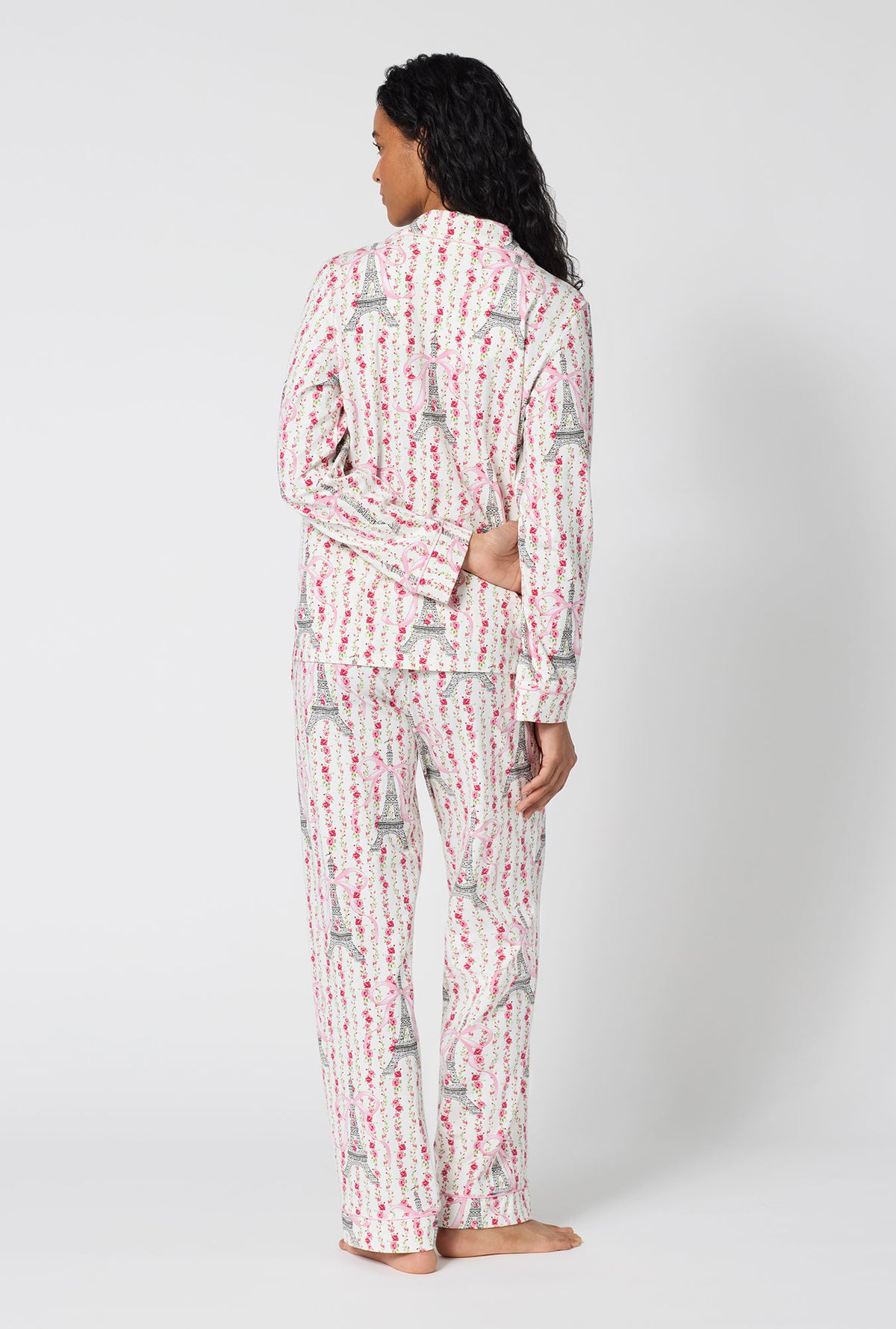 A Lady Wearing Fleur De La Tour Long Sleeve Classic Stretch Jersey Pj Set in a back view pose