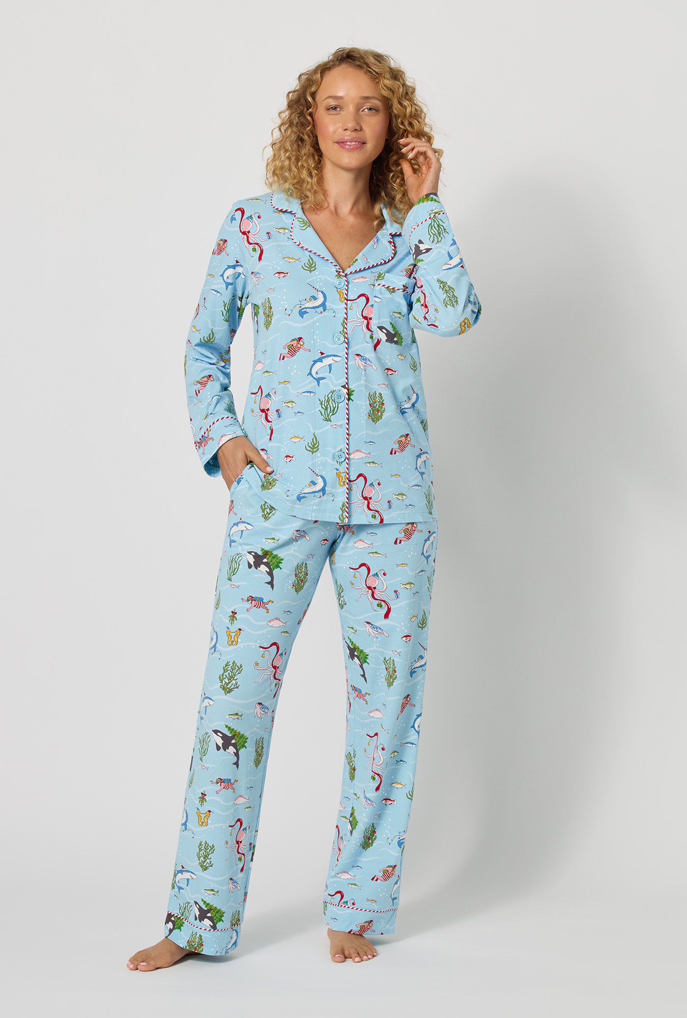 A lady wearing Jingle All The Wave Long Sleeve Classic Stretch Jersey Pj Set