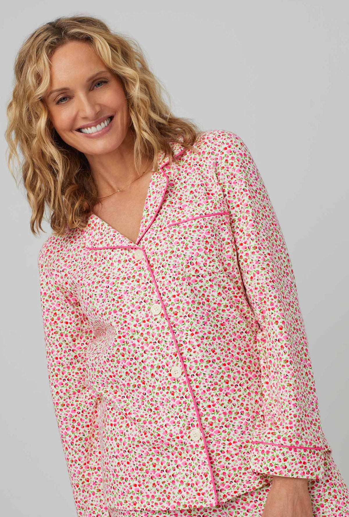 A lady wearing pink Long Sleeve Classic Stretch Jersey PJ Set with Lynn print