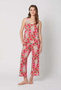 A lady wearing Spring Berry Ruffle Tank Stretch Jersey Cropped Pj Set