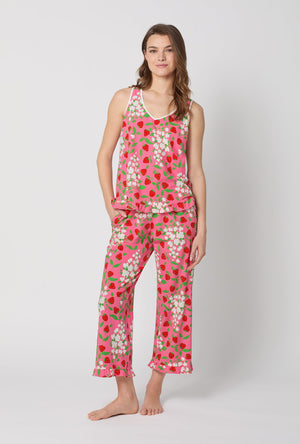 A lady wearing Spring Berry Ruffle Tank Stretch Jersey Cropped Pj Set
