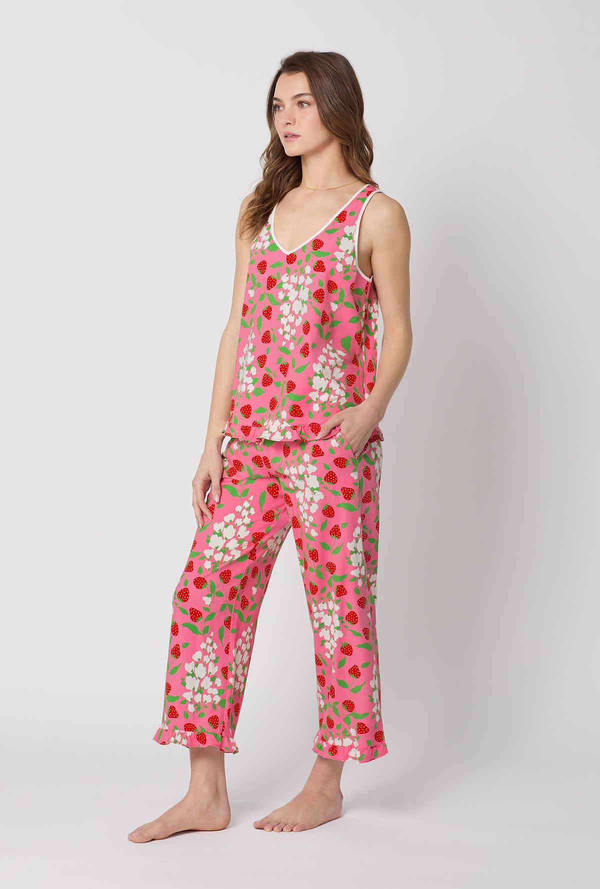 A lady wearing Spring Berry Ruffle Tank Stretch Jersey Cropped Pj Set
