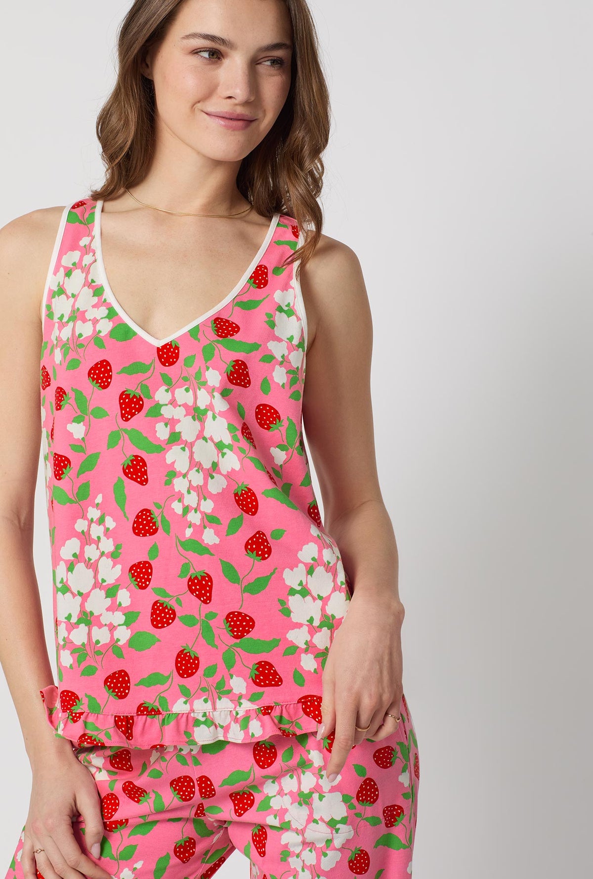A lady wearing Spring Berry Ruffle Tank Stretch Jersey Cropped Pj Set