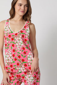 A lady wearing Spring Berry Ruffle Tank Stretch Jersey Cropped Pj Set