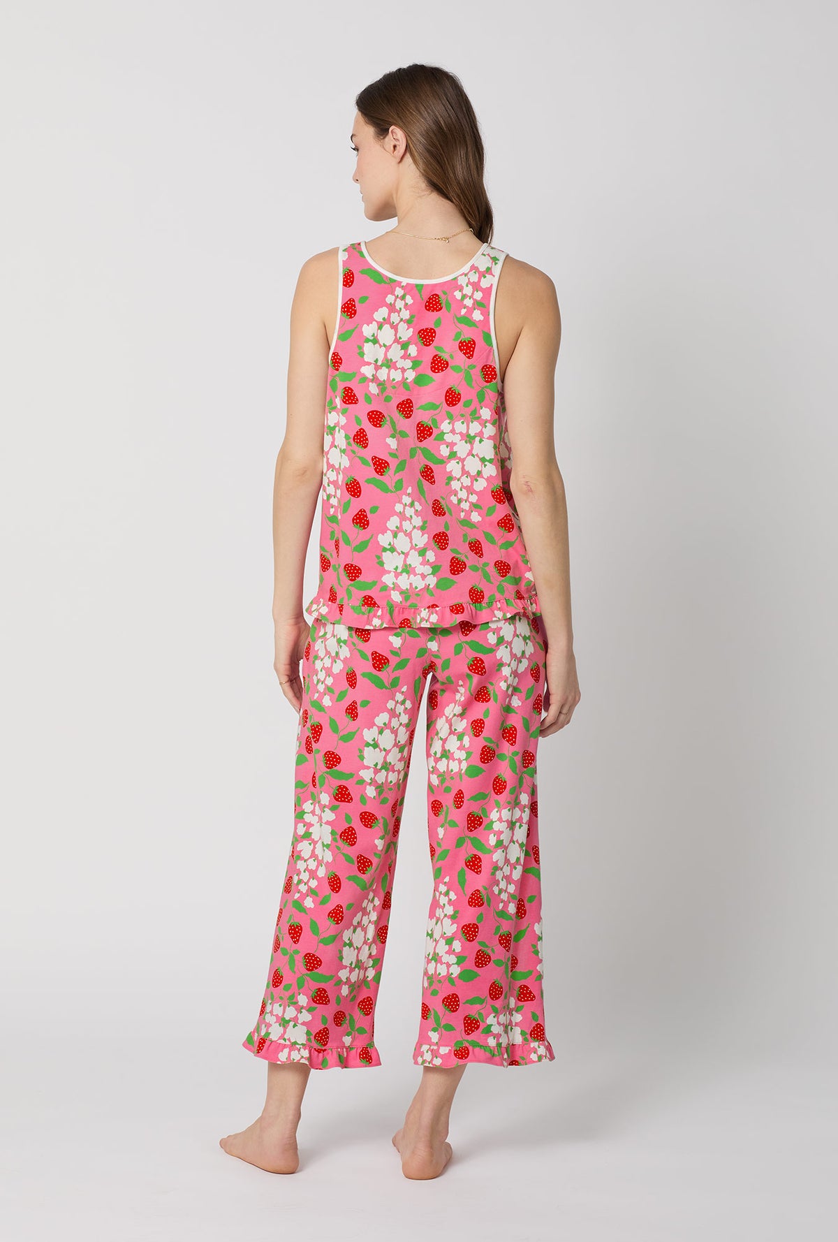 A lady wearing Spring Berry Ruffle Tank Stretch Jersey Cropped Pj Set