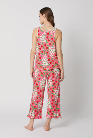A lady wearing Spring Berry Ruffle Tank Stretch Jersey Cropped Pj Set