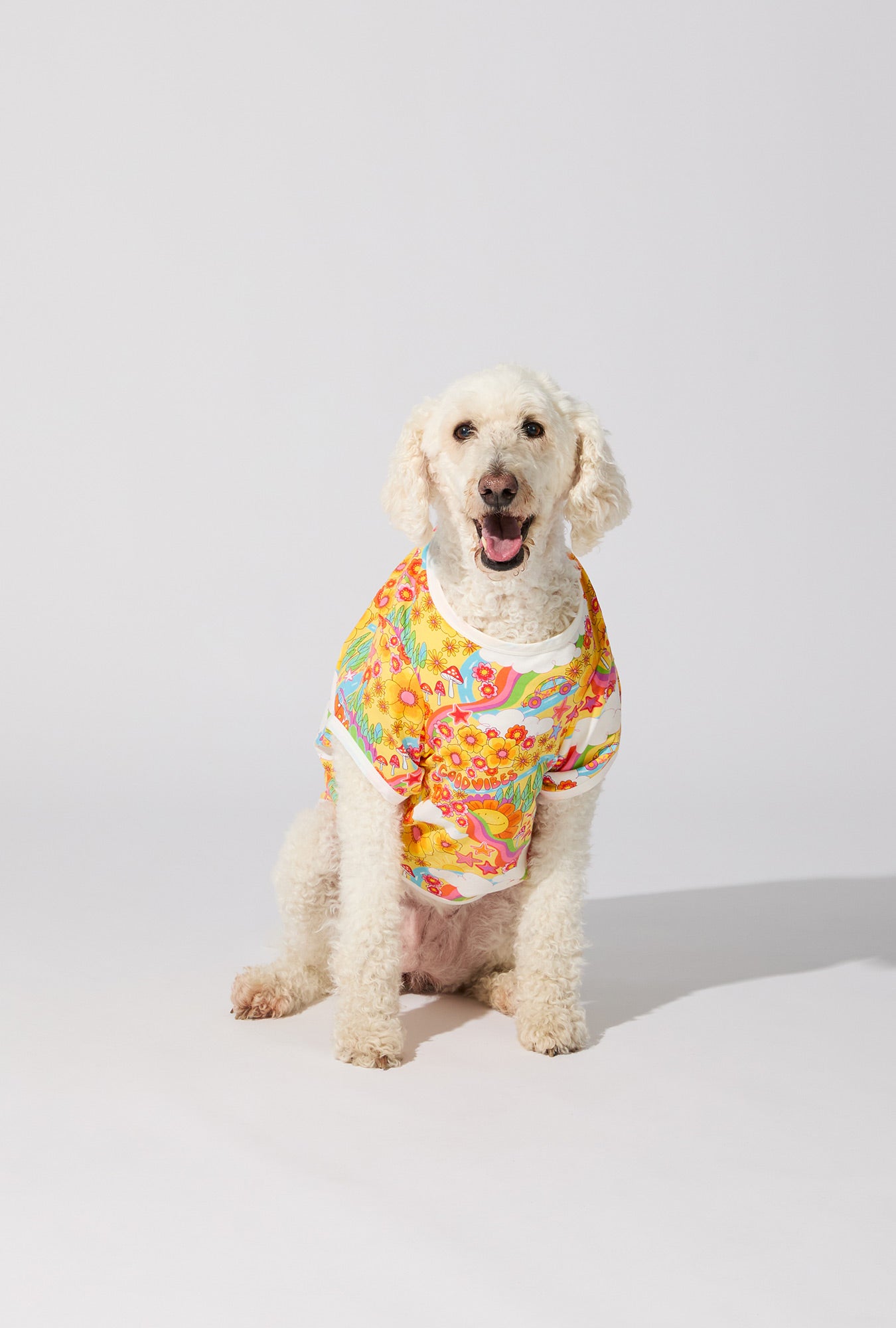 A dog wearing Good Vibes Stretch Jersey Dog Pajama