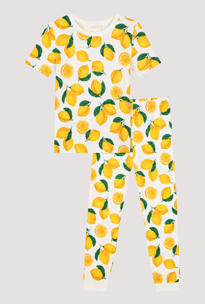 A White and  Yellow Short Sleeve Stretch Jersey Kids Pj Set product only view