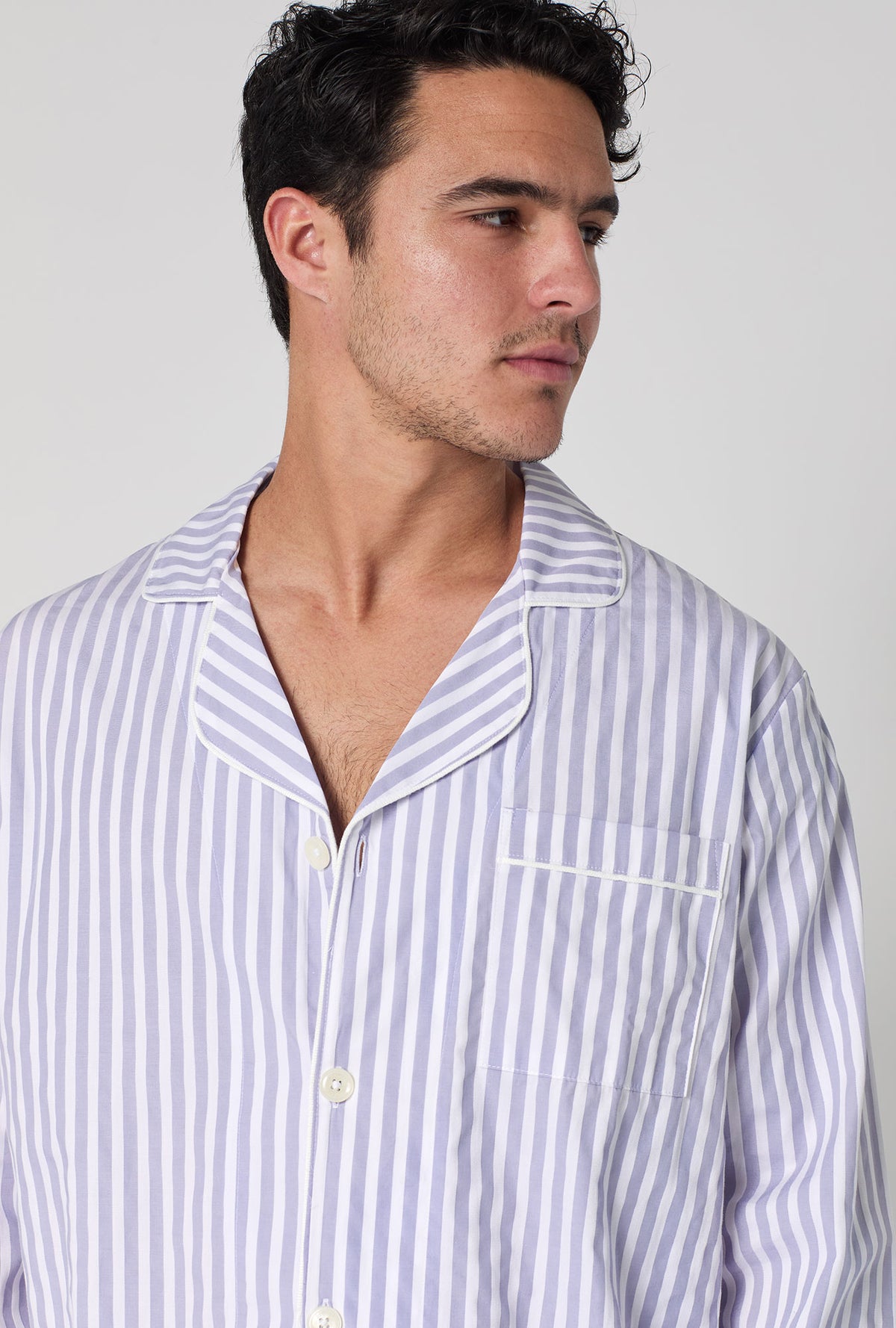 Blue 3D Stripe Men's Long Sleeve Classic Woven Cotton Sateen PJ Set